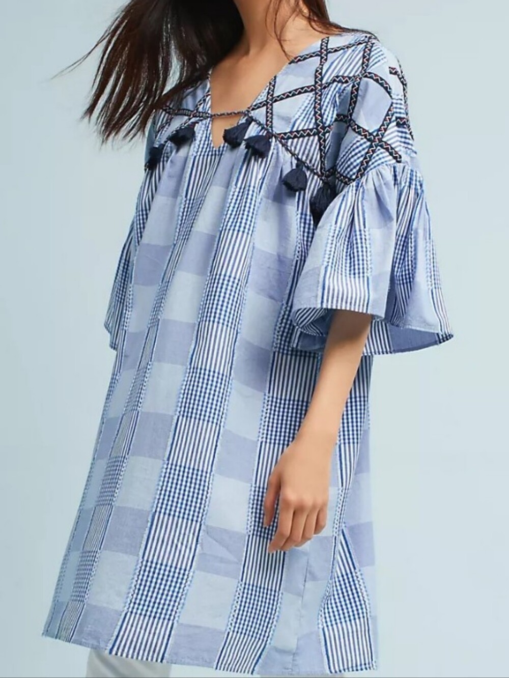 maeve By Anthropologie Tunic Tatum Embroidered Blue Patchwork Pattern sz M
